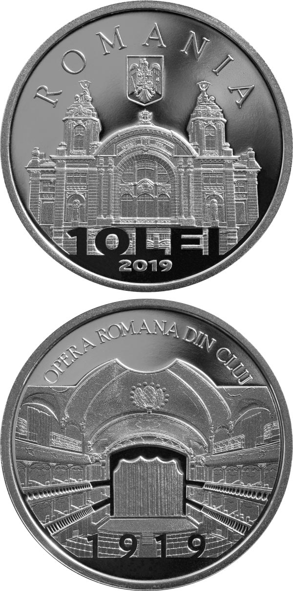 Image of 10 leu coin - 100 years since the establishment of the Romanian Opera in Cluj | Romania 2020.  The Silver coin is of Proof quality.