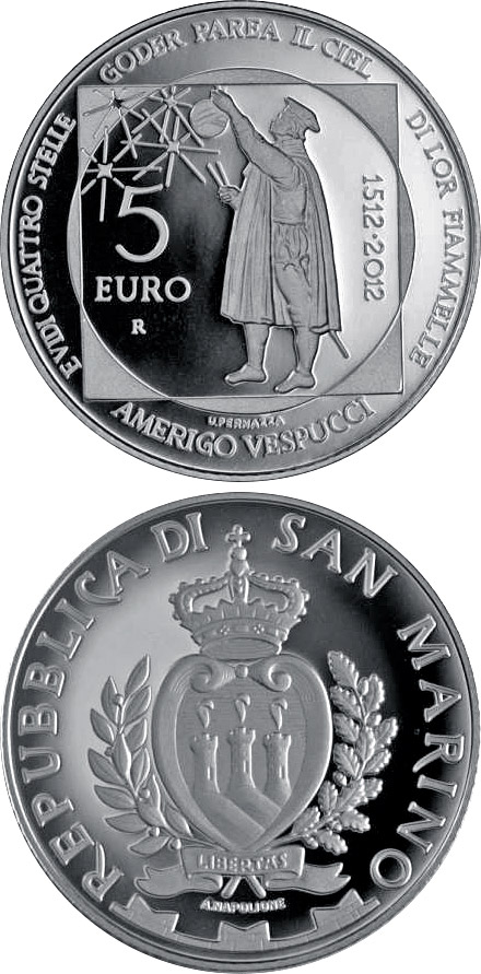 Image of 5 euro coin - 500th Anniversary of the Death of Amerigo Vespucci | San Marino 2012.  The Silver coin is of Proof quality.