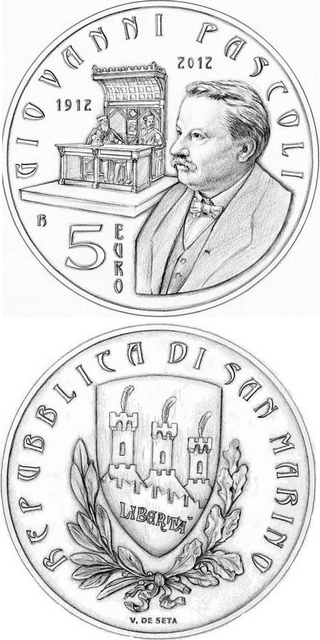 Image of 5 euro coin - 100th Anniversary of the Death of Giovanni Pascoli | San Marino 2012.  The Silver coin is of BU quality.