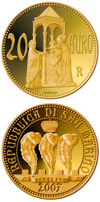 Image of 20 euro coin - The Scrovegni Chapel by Giotto | San Marino 2003.  The Gold coin is of Proof quality.
