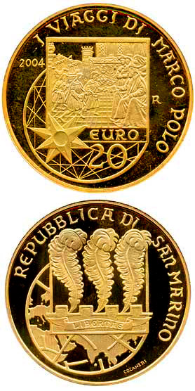 Image of 20 euro coin - 750th Anniversary of the Birth of Marco Polo | San Marino 2004.  The Gold coin is of Proof quality.