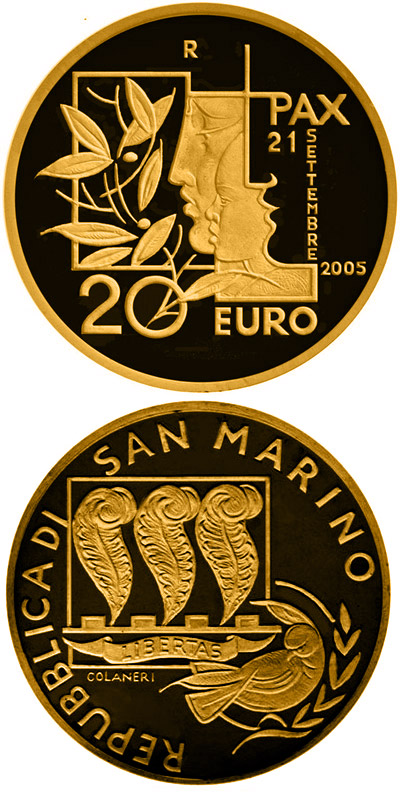 Image of 20 euro coin - International Day of Peace | San Marino 2005.  The Gold coin is of Proof quality.
