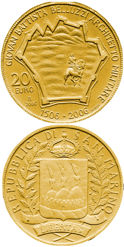 Image of 20 euro coin - 500th Anniversary of Giovan Battista Belluzzi | San Marino 2006.  The Gold coin is of Proof quality.