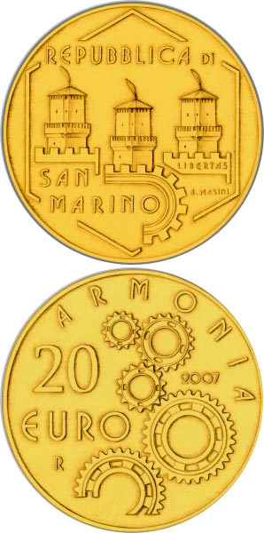 Image of 20 euro coin - Social Cohabitation | San Marino 2007.  The Gold coin is of Proof quality.