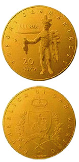 Image of 20 euro coin - Finds of the Villanovian and Roman Civilizations  | San Marino 2008.  The Gold coin is of Proof quality.