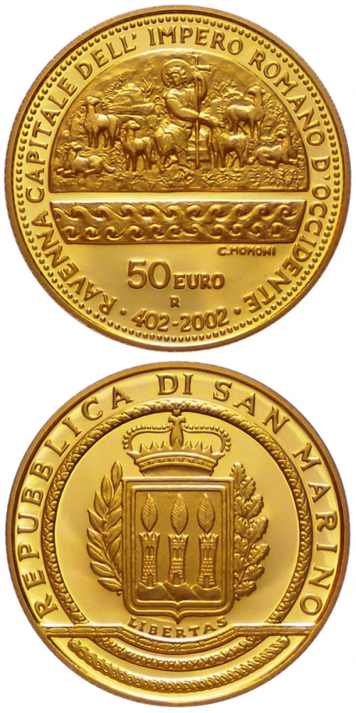 Image of 50 euro coin - 1600th Anniversary of the Proclamation of Ravenna as Capital of the Western Roman Empire  | San Marino 2002.  The Gold coin is of Proof quality.