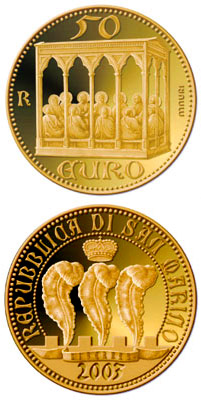 Image of 50 euro coin - The Scrovegni Chapel by Giotto | San Marino 2003.  The Gold coin is of Proof quality.
