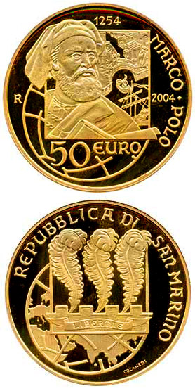 Image of 50 euro coin - 750th Anniversary of the Birth of Marco Polo | San Marino 2004.  The Gold coin is of Proof quality.