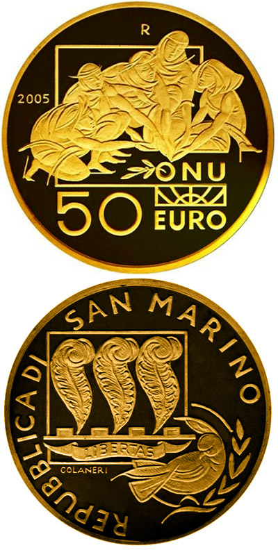 Image of 50 euro coin - International Day of Peace | San Marino 2005.  The Gold coin is of Proof quality.