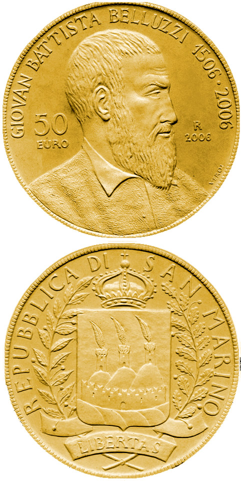 Image of 50 euro coin - 500th Anniversary of Giovan Battista Belluzzi | San Marino 2006.  The Gold coin is of Proof quality.