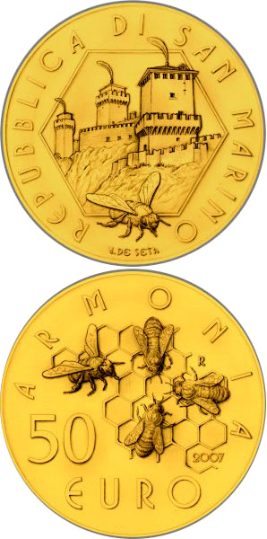 Image of 50 euro coin - Social Cohabitation | San Marino 2007.  The Gold coin is of Proof quality.