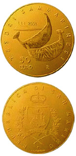 Image of 50 euro coin - Finds of the Villanovian and Roman Civilizations  | San Marino 2008.  The Gold coin is of Proof quality.