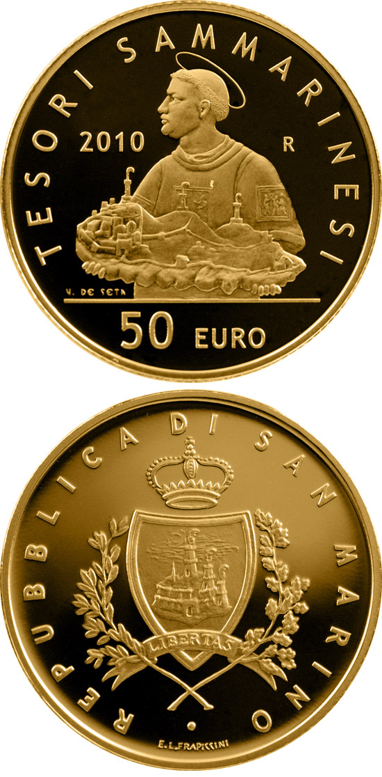 Image of 50 euro coin - Treasures of San Marino  | San Marino 2010.  The Gold coin is of Proof quality.