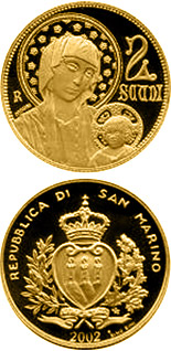 Image of 2 scudi coin - 700th Anniversary of the Death of Cimabue  | San Marino 2002.  The Gold coin is of Proof quality.