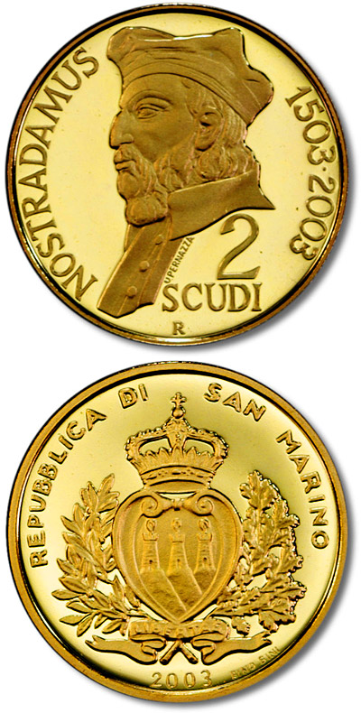 Image of 2 scudi coin - 750th Anniversary of the Birth of Michele Nostradamus | San Marino 2003.  The Gold coin is of Proof quality.