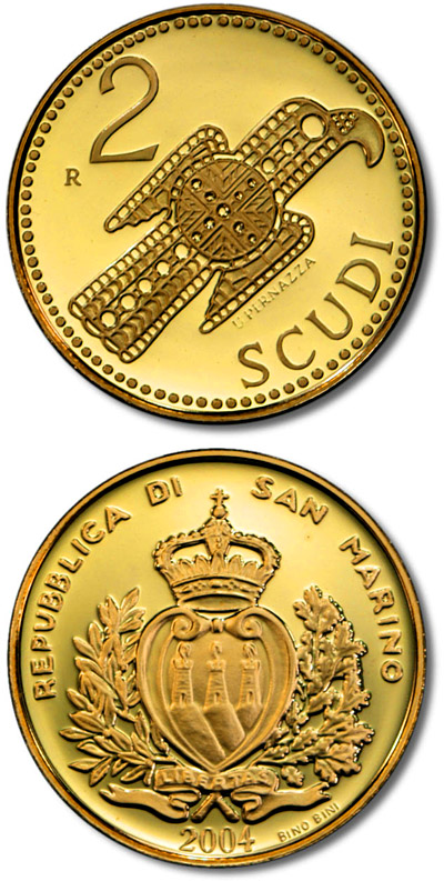 Image of 2 scudi coin - Gothic eagle brooch  | San Marino 2004.  The Gold coin is of Proof quality.