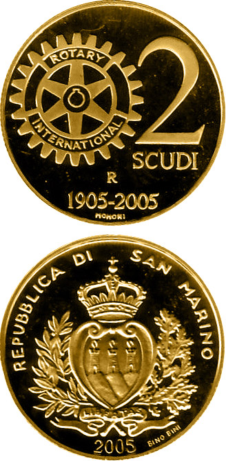 Image of 2 scudi coin - 100th anniversary of Rotary  | San Marino 2005.  The Gold coin is of Proof quality.