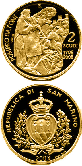 Image of 2 scudi coin - 300th Anniversary of the Birth of Pompeo Batoni  | San Marino 2008.  The Gold coin is of Proof quality.