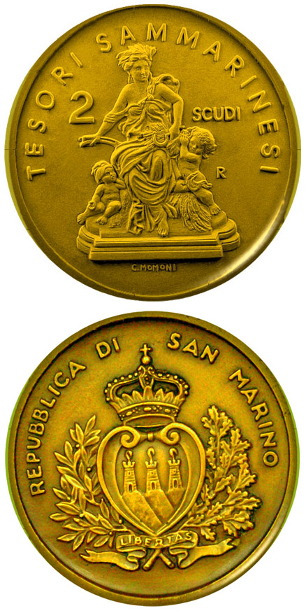 Image of 2 scudi coin - Treasures of San Marino  | San Marino 2009.  The Gold coin is of Proof quality.
