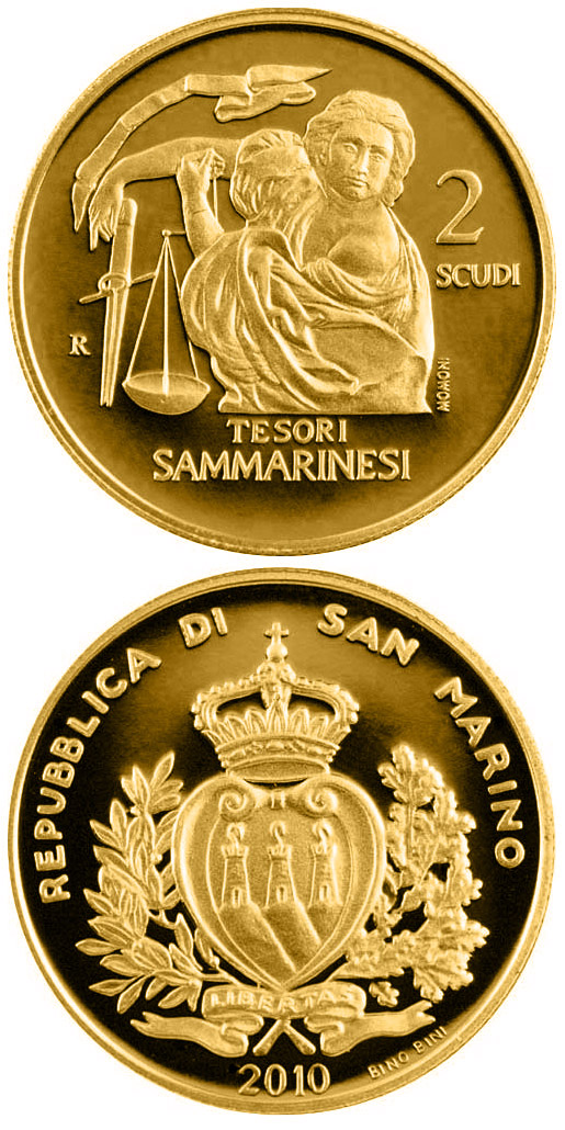 Image of 2 scudi coin - Treasures of San Marino  | San Marino 2010.  The Gold coin is of Proof quality.