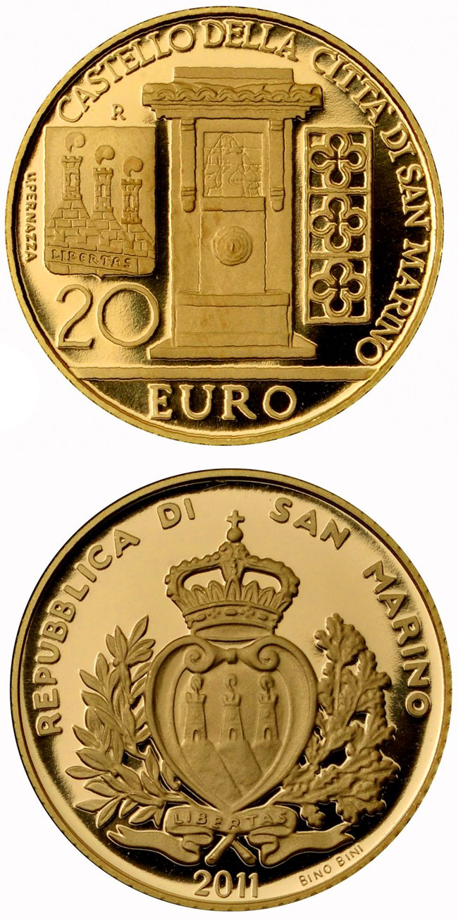 Image of 20 euro coin - Architectural Elements | San Marino 2011.  The Gold coin is of Proof quality.