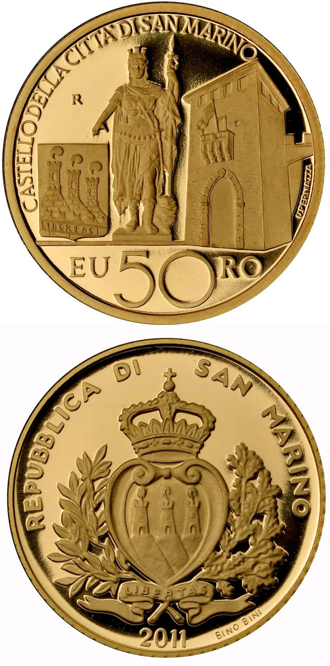 Image of 50 euro coin - Architectural Elements | San Marino 2011.  The Gold coin is of Proof quality.