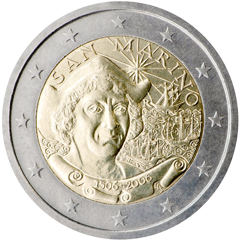 Image of 2 euro coin - 500th Anniversary of the Death of Christopher Columbus | San Marino 2006