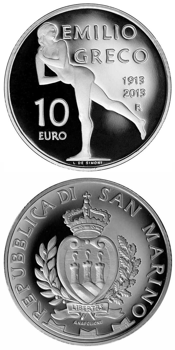 Image of 10 euro coin - 100th Anniversary of the Birth of Emilio Greco | San Marino 2013.  The Silver coin is of Proof quality.