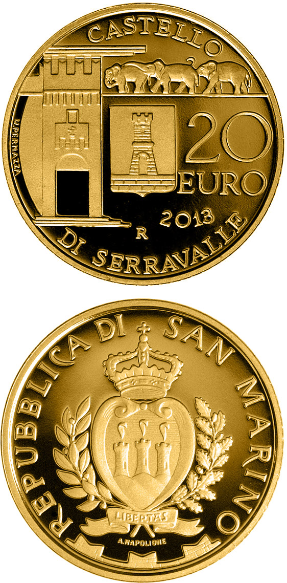 Image of 20 euro coin - Architectural Elements: Castle of Serravalle | San Marino 2013.  The Gold coin is of Proof quality.