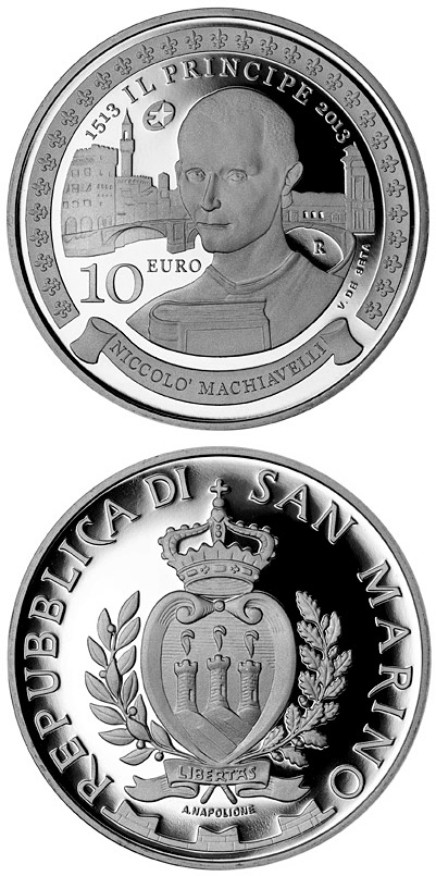 Image of 10 euro coin - 500th Anniversary of Il Principe (De Principatibus) by Niccolò Machiavelli | San Marino 2013.  The Silver coin is of Proof quality.