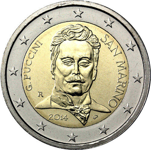 Image of 2 euro coin - 90th Anniversary of the Death of Giacomo Puccini | San Marino 2014