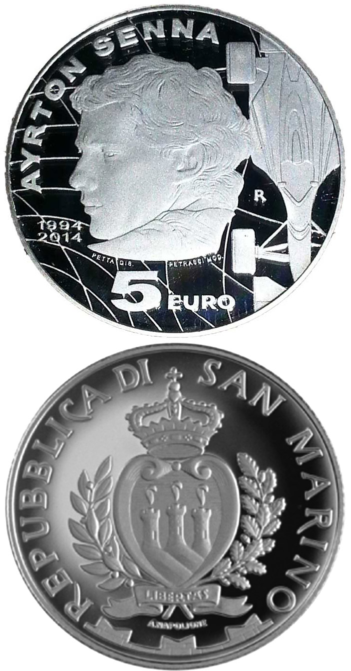 Image of 5 euro coin - 20th anniversary of the death of Ayrton Senna | San Marino 2014.  The Silver coin is of Proof quality.