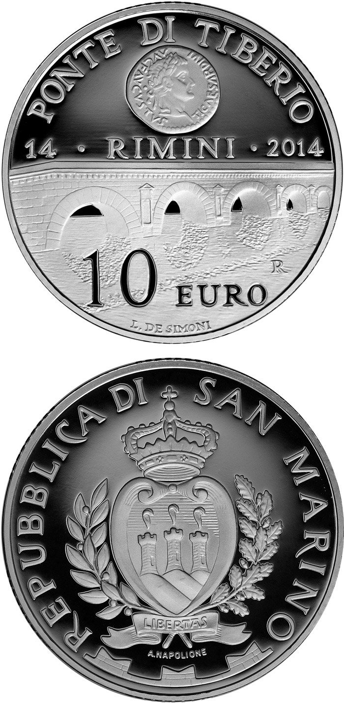 Image of 10 euro coin - Bimillenary of the beginning of the works of Ponte Tiberio in Rimini | San Marino 2014.  The Silver coin is of Proof quality.