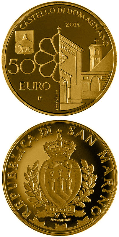 Image of 50 euro coin - Architectural elements of San Marino: Castles of Acquaviva and Domagnano | San Marino 2014.  The Gold coin is of Proof quality.