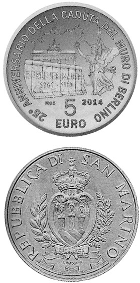 Image of 5 euro coin - 25th Anniversary of the Fall of the Berlin Wall | San Marino 2014.  The Silver coin is of BU quality.