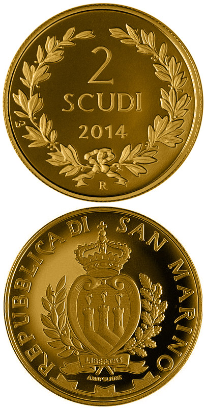 Image of 2 scudi coin - 150th Anniversary of the First Issue Coin of the Republic of San Marino | San Marino 2014.  The Gold coin is of Proof quality.
