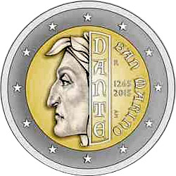 Image of 2 euro coin - 750th Anniversary of the Birth of Dante Alighieri | San Marino 2015