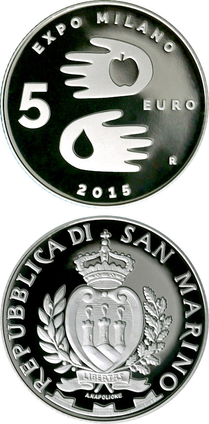 Image of 5 euro coin - EXPO Milano 2015 | San Marino 2015.  The Silver coin is of Proof quality.