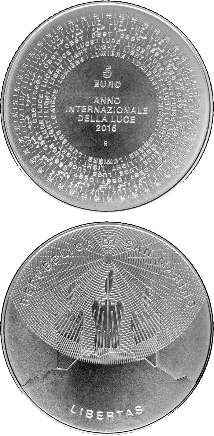 Image of 5 euro coin - International Year of Light | San Marino 2015.  The Silver coin is of BU quality.