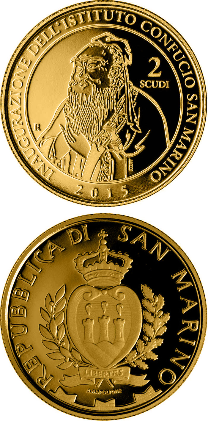 Image of 2 scudi coin - Inauguration of Confucius institute in San Marino | San Marino 2015.  The Gold coin is of Proof quality.