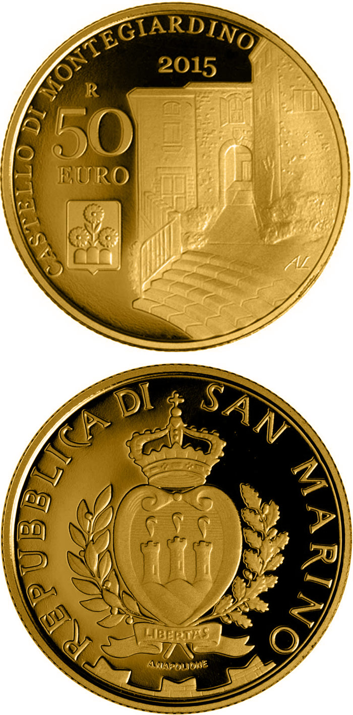 Image of 50 euro coin - Castles of Faetano and Montegiardino | San Marino 2015.  The Gold coin is of Proof quality.