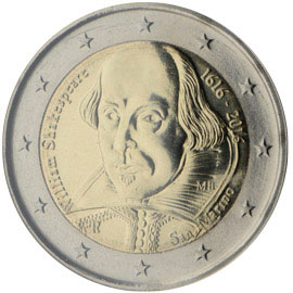 Image of 2 euro coin - 400th Anniversary of the Death of William Shakespeare | San Marino 2016
