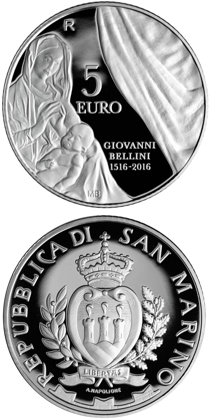 Image of 5 euro coin - 500th Anniversary of the Death of Giovanni Bellini | San Marino 2016.  The Silver coin is of Proof quality.