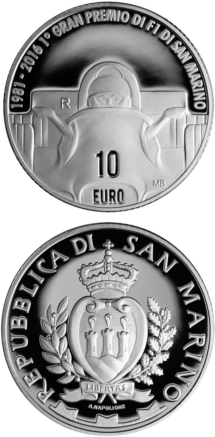 Image of 10 euro coin - 35th Anniversary of the F1 World Championship at the Imola circuit | San Marino 2016.  The Silver coin is of Proof quality.