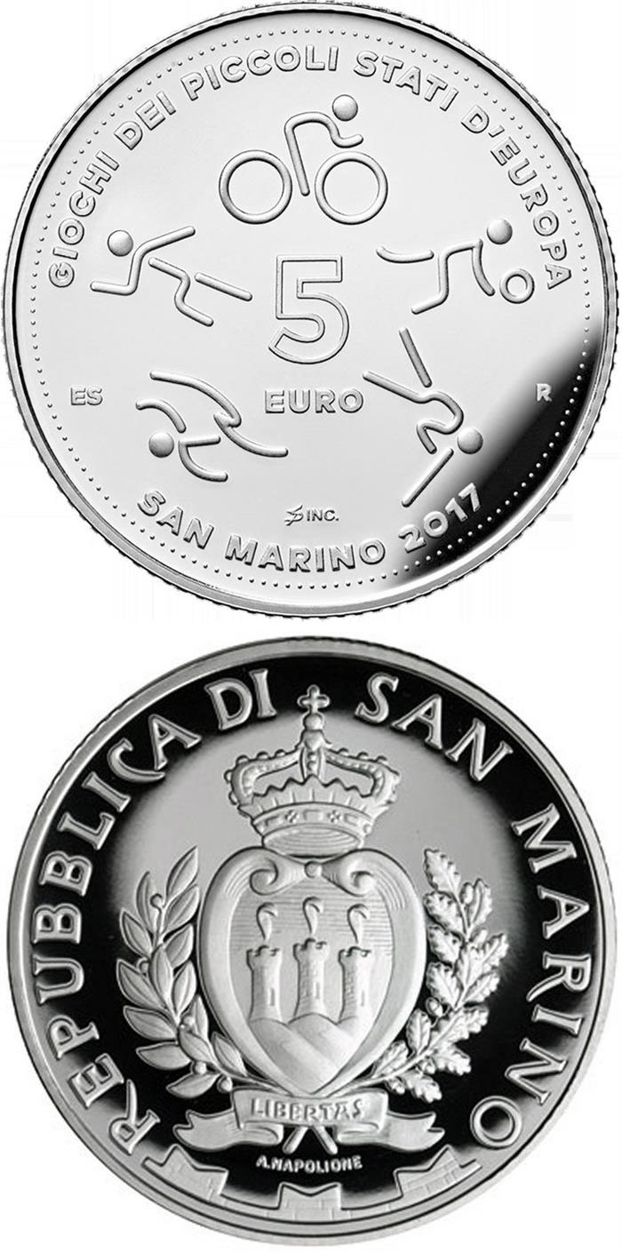 Image of 5 euro coin - Games of the Small States of Europe San Marino 2017 | San Marino 2017.  The Silver coin is of Proof quality.