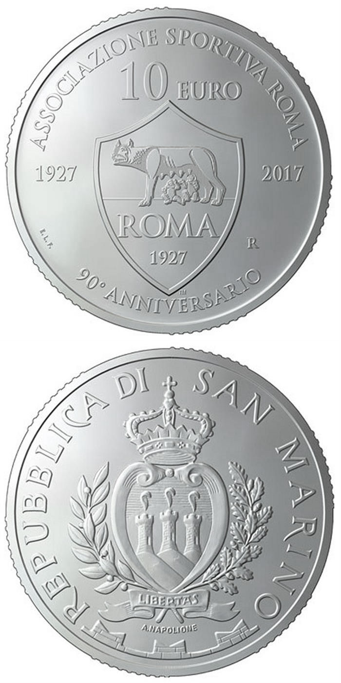 Image of 10 euro coin - 90th anniversary of the foundation of AS Roma | San Marino 2017.  The Silver coin is of Proof quality.