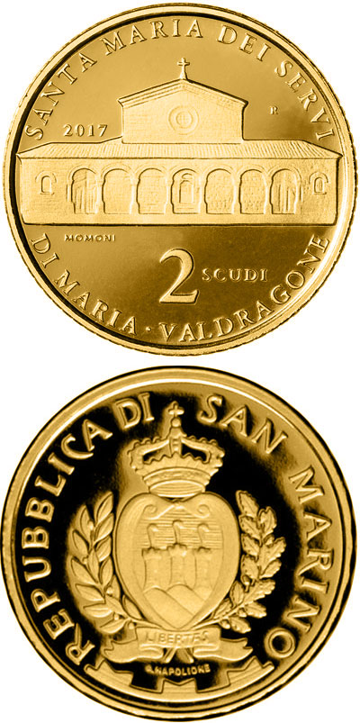 Image of 2 scudi coin - Architecture in San Marino: St Mary’s Church of the Order Servants of Mary in Valdragone | San Marino 2017.  The Gold coin is of Proof quality.