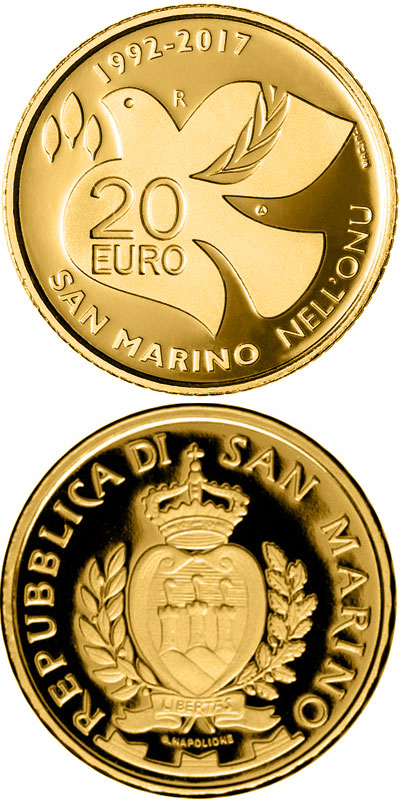Image of 20 euro coin - 25th Anniversary of the Entry of San Marino in Uno | San Marino 2017.  The Gold coin is of Proof quality.