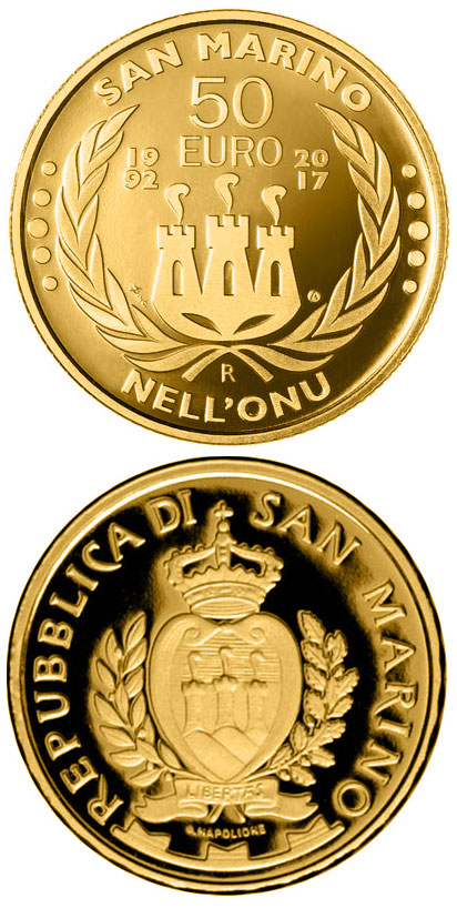 Image of 50 euro coin - 25th Anniversary of the Entry of San Marino in Uno | San Marino 2017.  The Gold coin is of Proof quality.