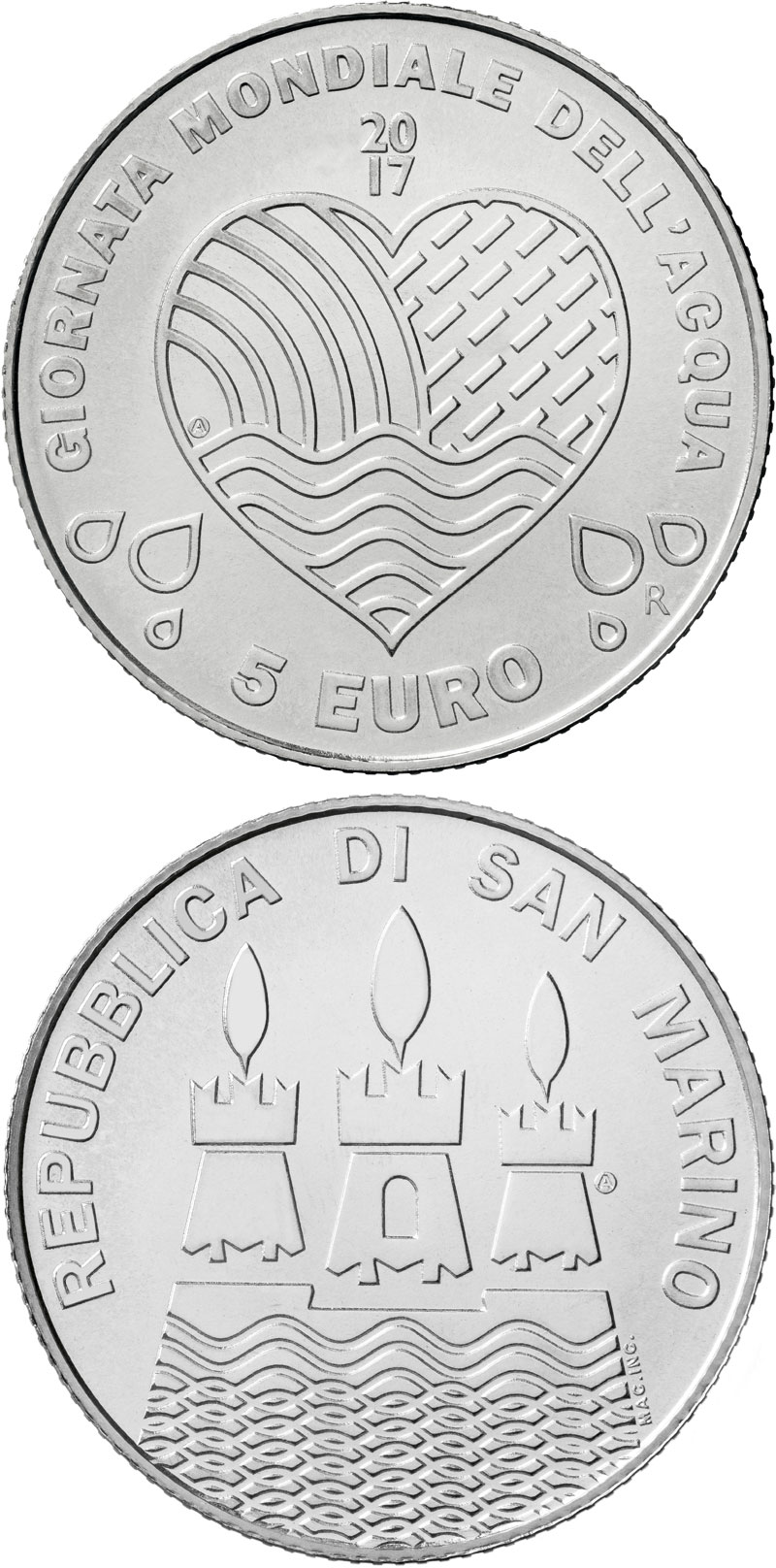 Image of 5 euro coin - World Water Day | San Marino 2017.  The Silver coin is of BU quality.
